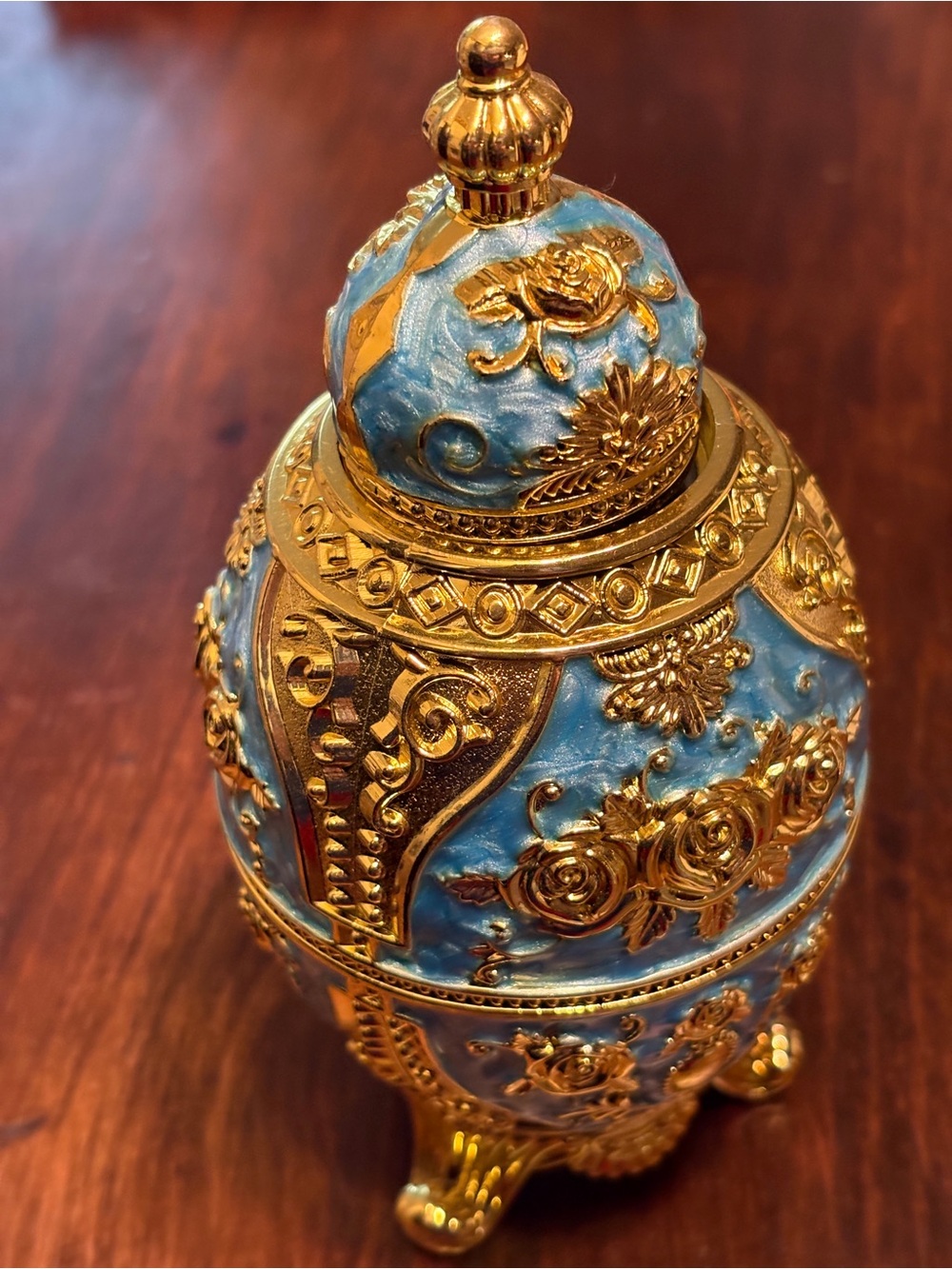 Ornate Blue and Gold Decorative Accent Jar/Egg - Elegant Home Accent
